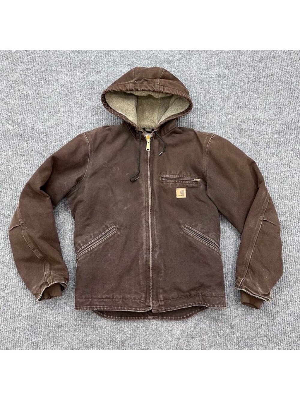 Carhartt J141 DKB Sandstone Sherpa Lined Sierra Jacket Hooded Zip Mens Small